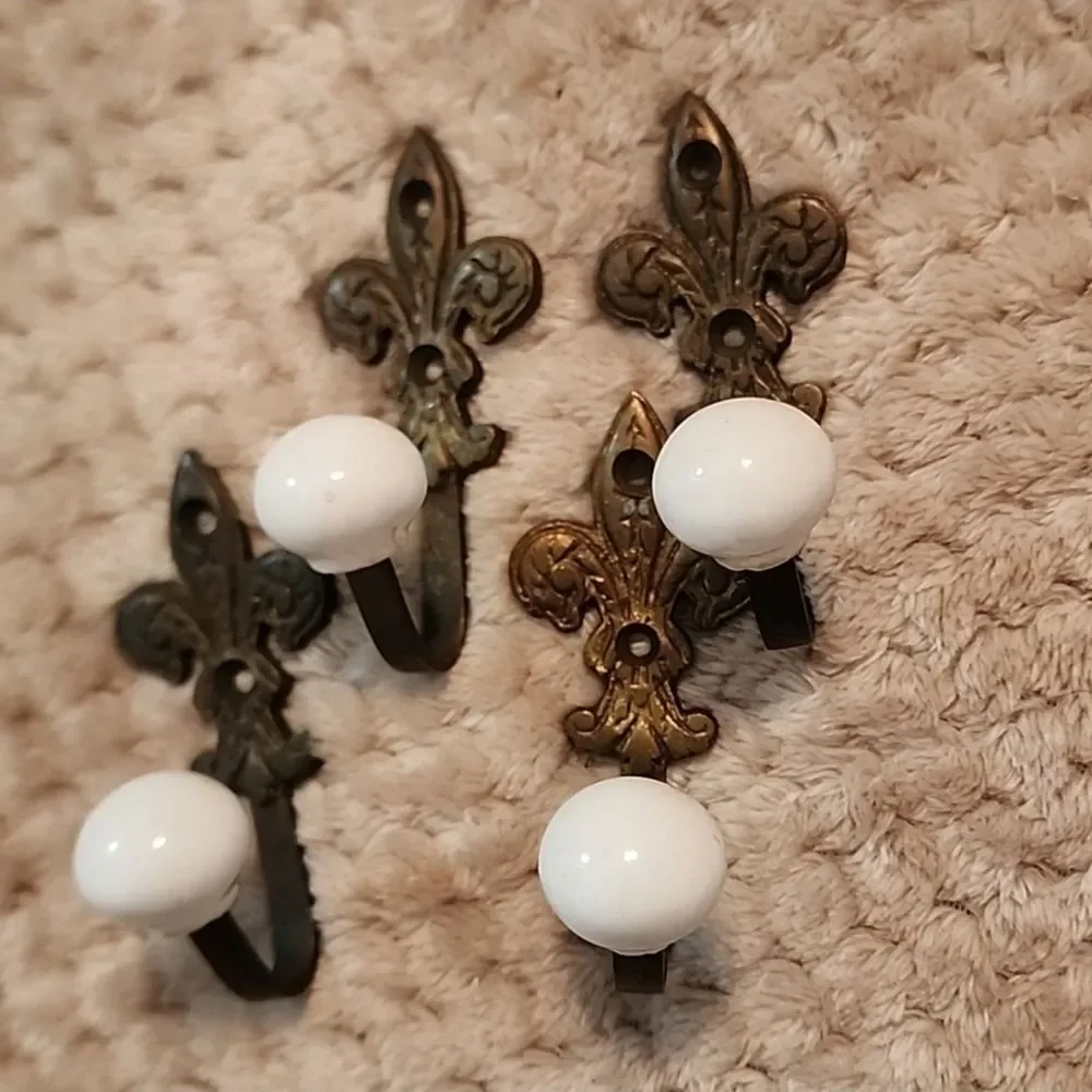 Vintage Fleur-de-Lis Wall Hooks with White Knobs